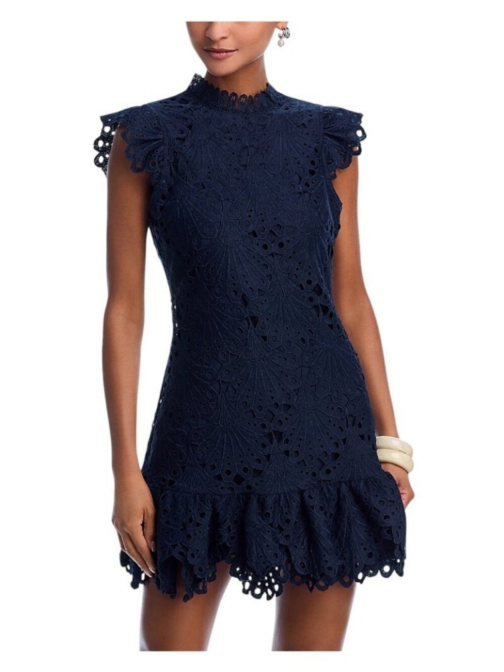 NWT Aqua Womens Mock Neck Lace Shift Mini Dress IDL9372 Navy Blue M